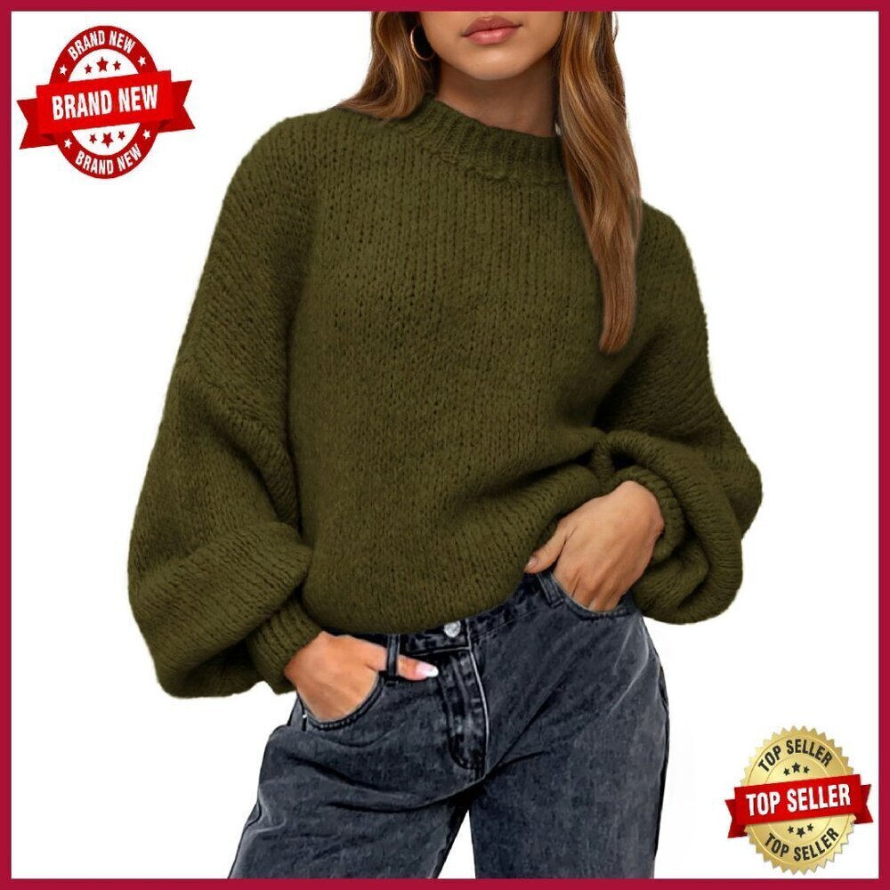 Oversized Lantern Sleeve Pullover Sweater Cozy Knit Winter Top